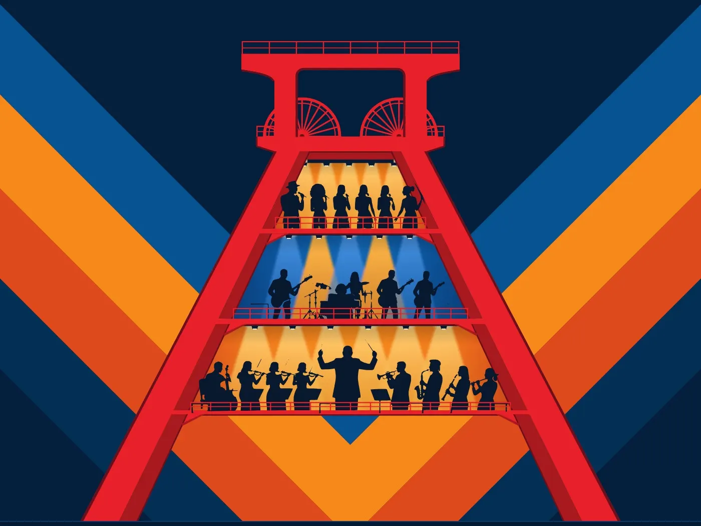 Plakatmotiv „the Vest Side of Rock“: roter Förderturm mit drei Bühnen – Gesang, Band und Orchester
